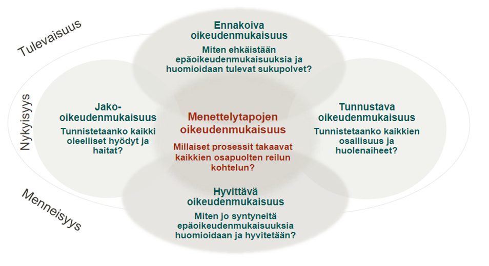 Kuva 1. KokoMaa-hankkeessa hahmotettu ympäristöoikeudenmukaisuuden kokonaisvaltainen ja tulevaisuusorientoitunut jäsennys.